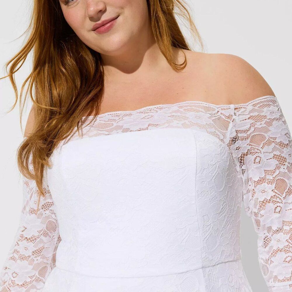 TORRID 14 White Lace Off Shoulder A-Line Wedding Dress NWT - Picture 3 of 12